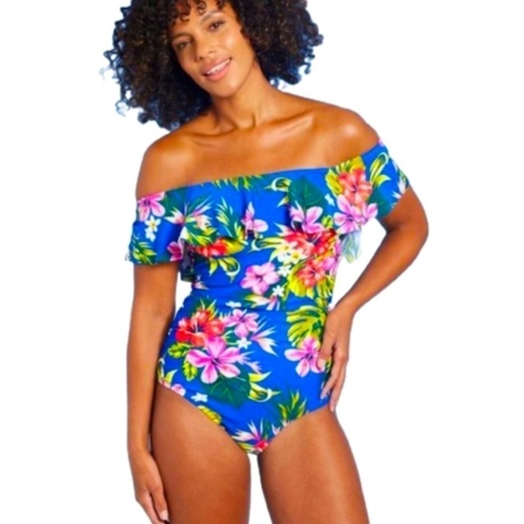 Kona Sol Blue Off the Shoulder High Coverage Hawaiian Print One Piece | Size 24W - Picture 1 of 4